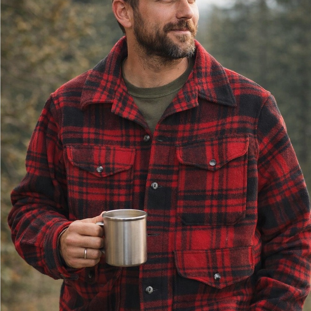 Authentic 1970s Pendleton Men’s Wool Barn Coat in Red and Black Plaid
